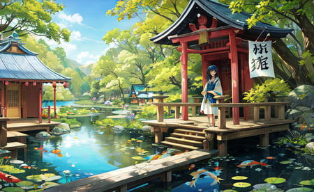 08873-740914460-1girl, looking at the viewer, water, pond, lake, shrine, koi.png
